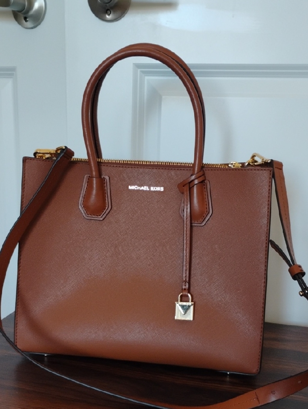 Michael Kors Brown Saffiano Leather Satchel with Gold Hardware